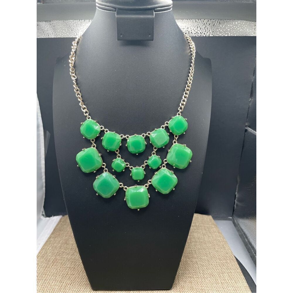 Lime Green Square Cabochon Open Back Cluster Statement 18" Gold Tone Necklace